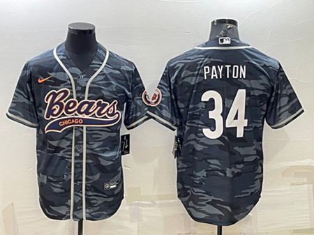 Men's Chicago Bears Blank #34 Walter Payton Gray Camo With Patch Cool Base Stitched Baseball Jersey